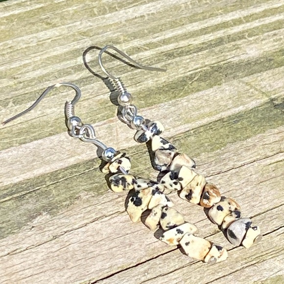Dalmatian Jasper earrings gemstone chip long linear drop earrings - Picture 5 of 5